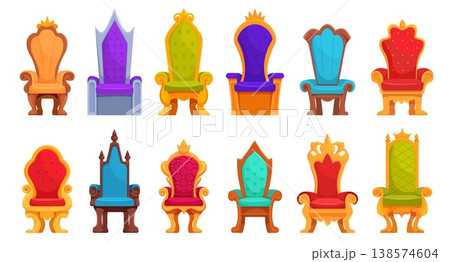 Royal thrones. Queen king throne different style. Ancient style chairs for monarch, medieval ceremonial hall interior furniture. Royalty palace or castle sapid vector objects Royal thrones. Queen king throne different style. Ancient style chairs for monarch, medieval ceremonial hall interior furniture. Royalty palace or castle sapid vector objects 138574604
