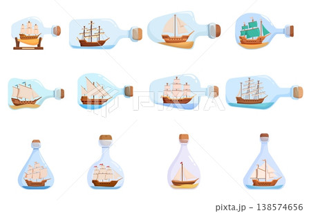 Vintage decorative ships in bottles. Ancient sailing boats in glass bottle. Nautical home decoration element, interior accessories, sapid vector clipart 138574656