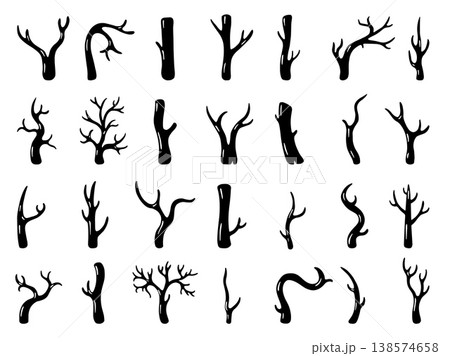 Doodle wooden branches. Rustic tree sticks, dry branch and logs. Wood silhouettes, black firewood clipart. Natural stick, autumn forest nature neoteric vector set Doodle wooden branches. Rustic tree sticks, dry branch and logs. Wood silhouettes, black firewood clipart. Natural stick, autumn forest nature neoteric vector set 138574658