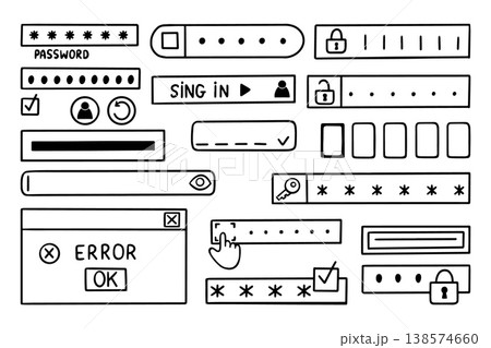 Doodle verification and security. Various interface bars for input password or personal code. Banking, identification on website panels, neoteric vector clipart 138574660