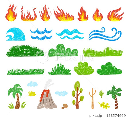 Nature elements clipart. Green grass, sea ocean waves, bonfires, tree and clouds. Isolated crayon children drawing style landscape vector clipart Nature elements clipart. Green grass, sea ocean waves, bonfires, tree and clouds. Isolated crayon children drawing style landscape vector clipart 138574669