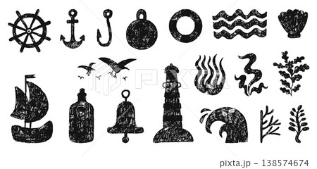 Black nautical elements. Pencil drawing sailboat, waves, bell, flying seagull and seaweeds. Underwater nature plants. Sea ocean adventures, vector grunge set Black nautical elements. Pencil drawing sailboat, waves, bell, flying seagull and seaweeds. Underwater nature plants. Sea ocean adventures, vector grunge set 138574674