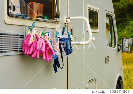 Clothes hanging to dry outdoor at caravan Clothes hanging to dry outdoor at caravan 138574808