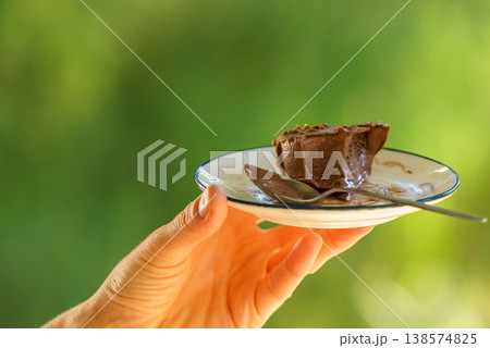 Delicious chocolate dessert enjoyed outdoors 138574825