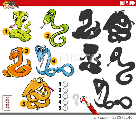 finding shadows puzzle with cartoon snakes wild animal characters 138575140
