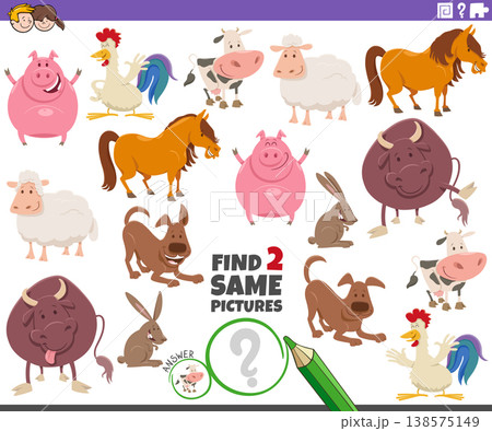 find two same cartoon farm animal characters activity puzzle find two same cartoon farm animal characters activity puzzle 138575149