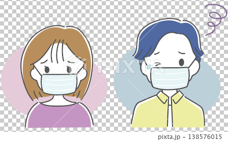 插圖描繪了一男一女戴著口罩,看起來身體不適。 插圖描繪了一男一女戴著口罩,看起來身體不適。 138576015