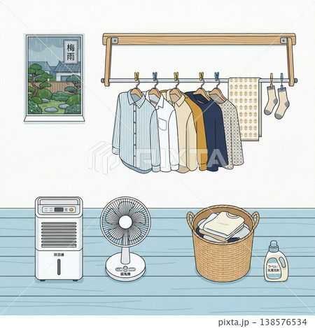 梅雨の部屋干し洗濯対策のフラットデザインイラスト 138576534