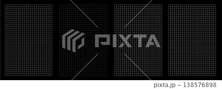 Set of square graph paper layouts on black surface. Thin line grids, dot matrices and rounded meshes create versatile Set of square graph paper layouts on black surface. Thin line grids, dot matrices and rounded meshes create versatile 138576898