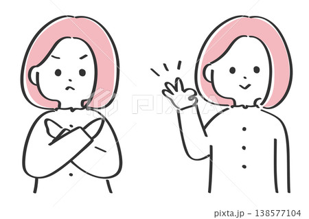 OKとNGのポーズをする若い女性|シンプルで使いやすい線画イラスト OKとNGのポーズをする若い女性|シンプルで使いやすい線画イラスト 138577104