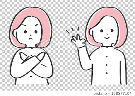 OKとNGのポーズをする若い女性|シンプルで使いやすい線画イラスト OKとNGのポーズをする若い女性|シンプルで使いやすい線画イラスト 138577104