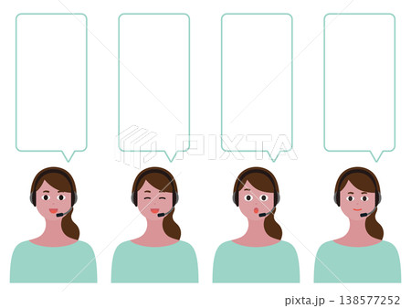 女性オペレーターの吹き出しと表情セットのベクターイラスト素材（笑顔・驚く）ロングヘア 138577252