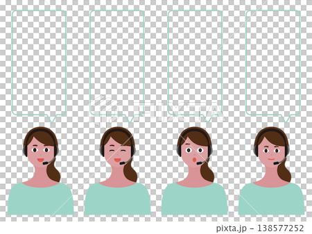 女性オペレーターの吹き出しと表情セットのベクターイラスト素材（笑顔・驚く）ロングヘア 138577252