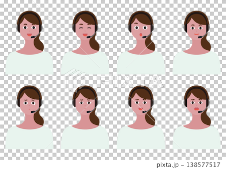 女性オペレーターの表情8種類ベクターイラスト素材セット(白) 女性オペレーターの表情8種類ベクターイラスト素材セット(白) 138577517