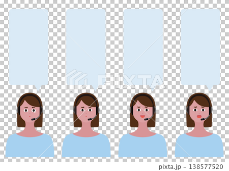 Vector illustration set of speech bubbles and facial expressions of a female operator (crying/troubled), blue bob hair. Vector illustration set of speech bubbles and facial expressions of a female operator (crying/troubled), blue bob hair. 138577520