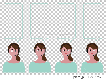 Vector illustration set of speech bubbles and facial expressions of a female operator (crying, troubled), with long hair. 138577522