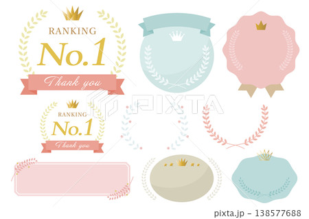 くすみカラーの月桂樹装飾セット、円形や楕円などのベクターフレーム9種 138577688