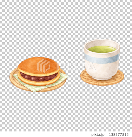 銅鑼燒和茶的水彩插畫，採用日本甜點和茶杯的天然材料。 138577813