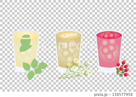 Iced herbal tea set with mint, rosehip, and chamomile 138577958