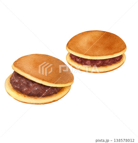 どら焼き2個 水彩イラスト 和菓子のかわいいスイーツ素材 あんこ入り 138578012
