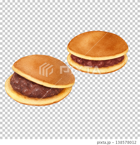 兩款水彩插畫銅鑼燒（日式甜豆沙煎餅）。可愛的日式甜點設計，內餡是紅豆泥。 138578012