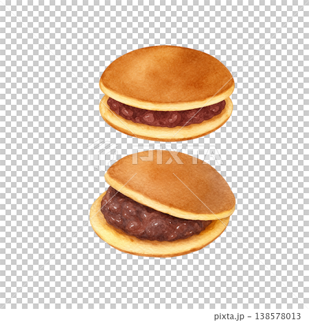 兩款水彩插畫銅鑼燒（日式甜豆沙煎餅）。可愛的日式甜點設計，內餡是紅豆泥。 138578013