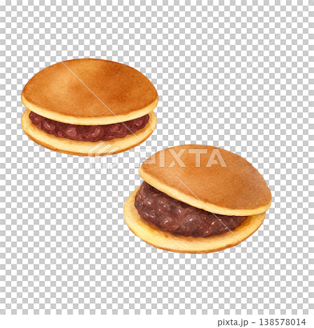 兩款水彩插畫銅鑼燒（日式甜豆沙煎餅）。可愛的日式甜點設計，內餡是紅豆泥。 138578014