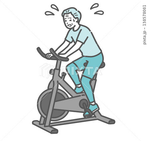 汗だくで辛そうにフィットネスバイクを漕ぐシニア男性のイラスト 138578081