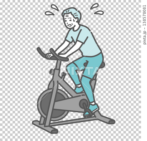 An illustration of a senior man struggling to pedal a fitness bike, drenched in sweat. 138578081