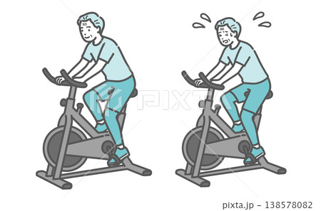 フィットネスバイクを漕ぐシニア男性の比較セットイラスト 138578082