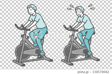 フィットネスバイクを漕ぐシニア男性の比較セットイラスト 138578082