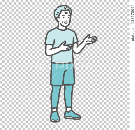 An illustration of a senior man in sportswear smiling and engaging in conversation and giving directions. An illustration of a senior man in sportswear smiling and engaging in conversation and giving directions. 138578094