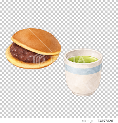 銅鑼燒和綠茶水彩插畫。以日式咖啡館為主題，展現日式甜點和茶飲的自然風情。 138578261