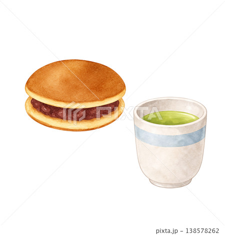 どら焼きと緑茶 水彩イラスト 和菓子とお茶のナチュラルな和カフェ素材 138578262