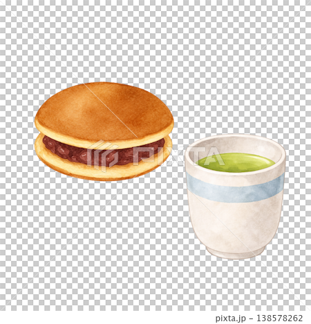 銅鑼燒和綠茶水彩插畫。以日式咖啡館為主題，展現日式甜點和茶飲的自然風情。 138578262