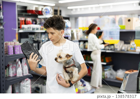 Teenager choosing dry dog food for Yorkshire terrier in pet store 138578317