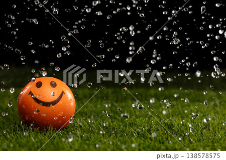 Smiley face orange ball sits on a wet rain grass field. Express joy peaceful moment during rain shower as droplet over grass field to show happy smile face ball 138578575