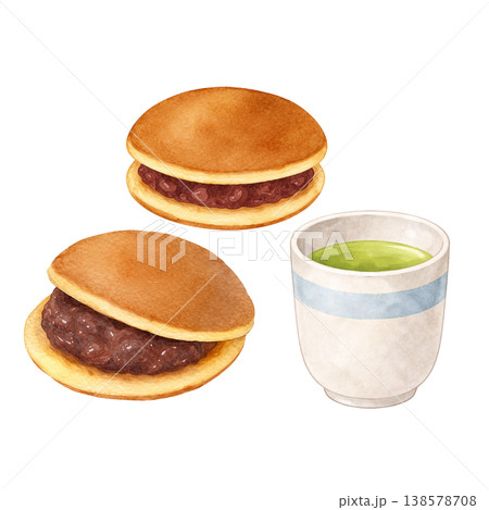 どら焼きと緑茶 水彩イラスト 和菓子2個のセット素材 138578708