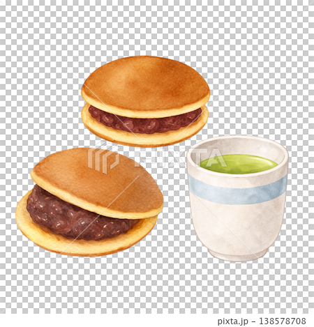 銅鑼燒和綠茶水彩插畫，描繪了兩種日式甜點 138578708