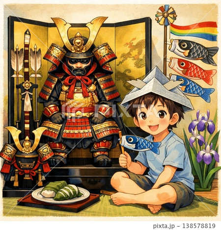 兜をかぶった男の子と五月人形 138578819