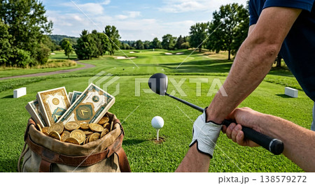 架空紙幣と金貨が入った賞金袋を前にティーショット直前のゴルファー・賭けゴルフコンセプト 138579272