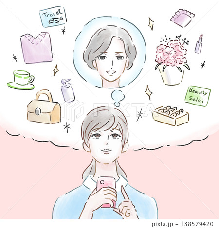 母を思いプレゼントを考える女性　スマホ検索とギフトのイメージ（背景あり) 138579420