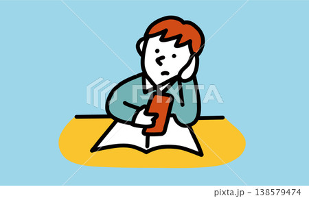 スマートフォンを触ってしまって、勉強に集中できない学生のイラスト スマートフォンを触ってしまって、勉強に集中できない学生のイラスト 138579474