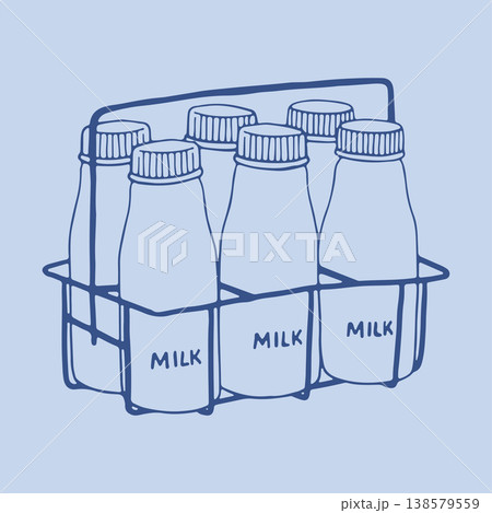 Hand drawn vector of a metal wire milk carrier with six traditional glass bottles inside. Rustic line art illustration for dairy delivery services and farm to table concepts Hand drawn vector of a metal wire milk carrier with six traditional glass bottles inside. Rustic line art illustration for dairy delivery services and farm to table concepts 138579559