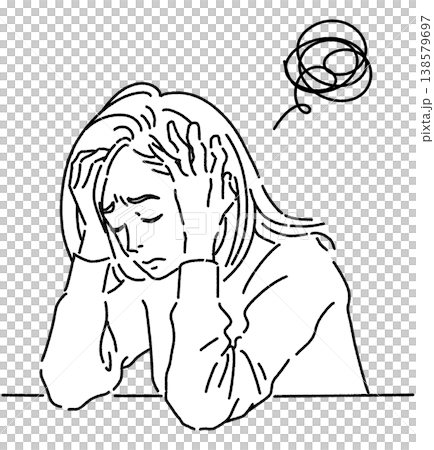 A black and white illustration of a woman holding her head in her hands in distress. A black and white illustration of a woman holding her head in her hands in distress. 138579697