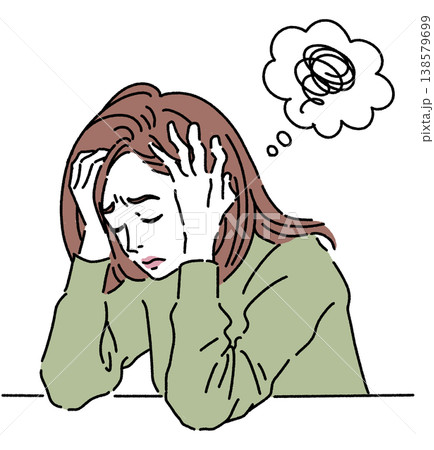 頭を抱えて悩んでいる女性のカラーイラスト 138579699