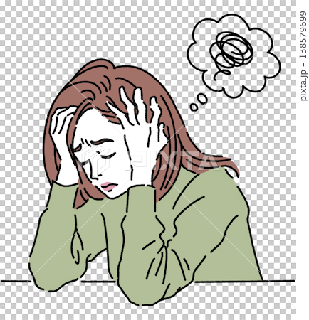 頭を抱えて悩んでいる女性のカラーイラスト 138579699