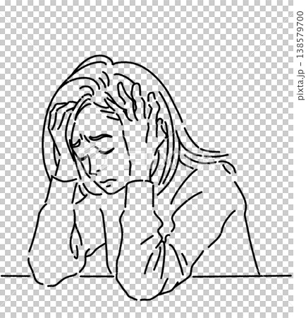 A black and white illustration of a woman holding her head in her hands in distress. 138579700