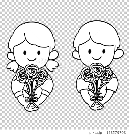 カーネーションを持つ子供たちのシンプル線画イラスト(母の日・塗り絵) カーネーションを持つ子供たちのシンプル線画イラスト(母の日・塗り絵) 138579708