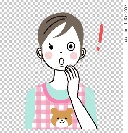 An illustration of a nursery school teacher wearing an apron, with a surprised expression. An illustration of a nursery school teacher wearing an apron, with a surprised expression. 138580557
